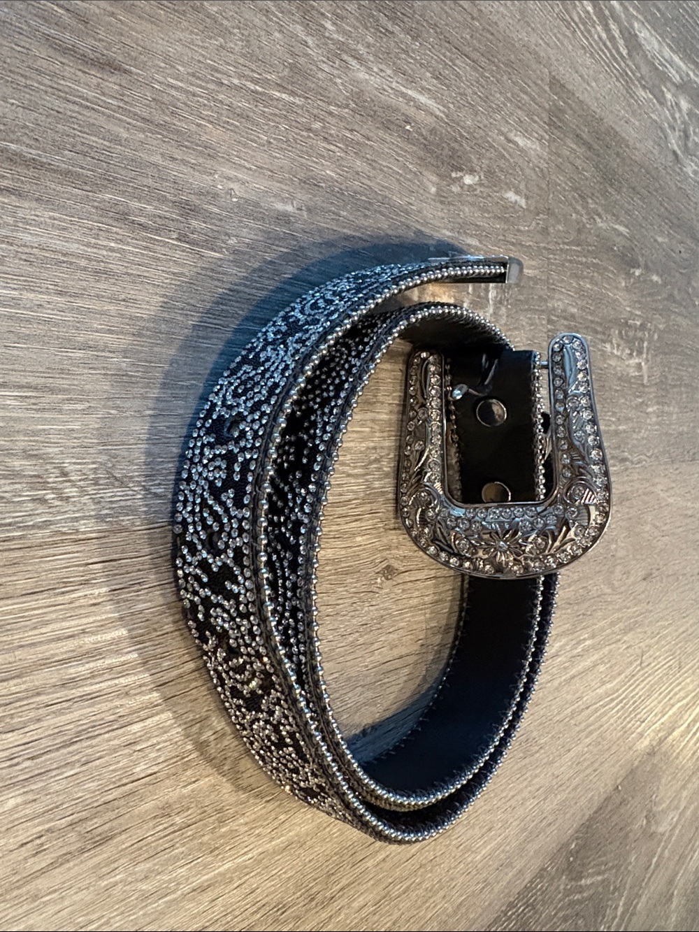 Embellished Black Western Belt with Ornate Silver Buckle